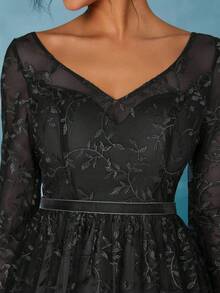 Mgiacy Black Floral Lace V-Neck Long Sleeve Mesh A-Line Dress, Elegant Women's Summer Dress, Suitable For Weddings, Proms, Evening Parties, Holidays - Black - View 3