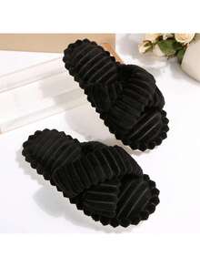 女士露趾记忆棉拖鞋，交叉绑带设计，秋冬季室内毛绒拖鞋