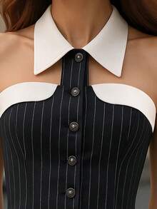 Elegante top sin mangas de mujer con rayas, diseño con botones delanteros y abertura, bajo asimétrico único para el verano - Negro + Blanco - Ver 3