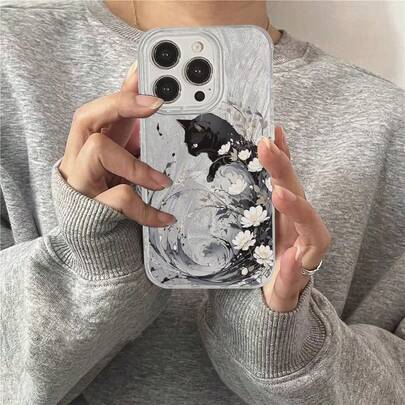 1pc Swirl Black Cat & White Flower, Plum Blossom Cat, Ocean Wave, Creative , Cute, Retro European & American Style, IMD Full Coverage Anti-Drop Silver Feather Gradient Feather Wave Bright Silver Laser Shiny Art Case, Suitable For Samsung/OPPO/VIVO/Honor//Redmi/Transsion Phones