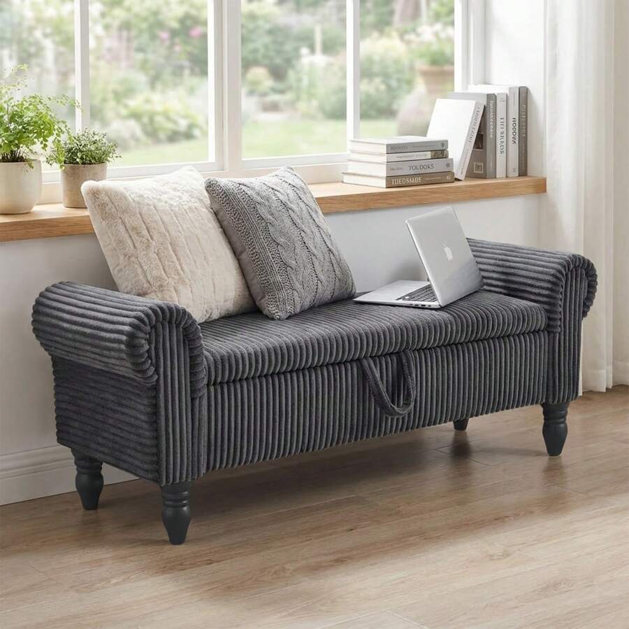 51.5" Storage Ottoman Bench For Bedroom, Mid-Century Upholstered End-Of-Bed Bench With Storage & Rolled Arms, Corduroy Storage Chest Footrest Padded Window Seat Shoe Cabinet Stool Accent Chair For Entryway Living Room Bedroom Home Decor, Grey - Dark Grey-Corduroy - 查看 1