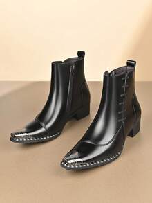 1 Pair Men's Black Pointed Toe PU Leather Upper Rubber Sole Low Heel Business Casual Mid-Calf Boots, Suitable For Office & Daily Wear