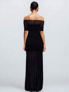 UNITHORSE Off-Shoulder Short Sleeve Cinched Waist Mesh Formal Evening Dress - Black - View 3