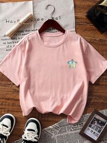 1件Y2K星空印花短袖T恤，少女学生夏季上衣 - 粉色 - 查看 4