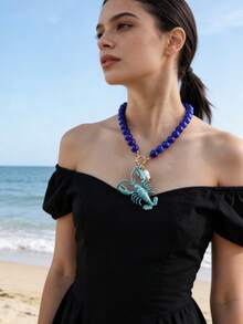 女士手工串珠项链 | 锌合金龙虾吊坠配珍珠 | 复古个性化首饰，适合海滩、节日、情人节佩戴 - 小龍蝦 - 查看 4