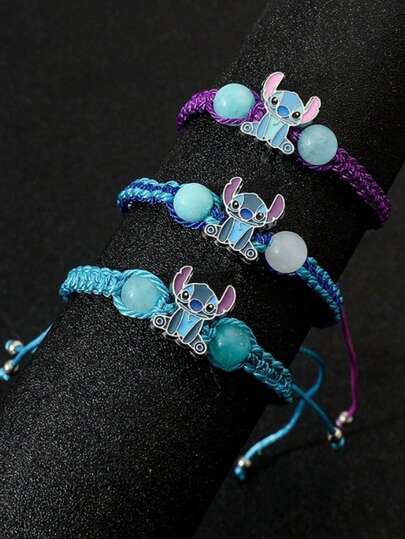 1 pieza/Set Pulsera hecha a mano con cuentas de Stitch de Disney - Piedras preciosas sintéticas azules/rosas, diseño de cuerda de cáñamo resistente, patrón de animal de dibujos animados lindo, adecuado para niñas de 15+ años - Accesorio de uso diario, regalo del Día de San Valentín, decoración de fiesta de Pascua