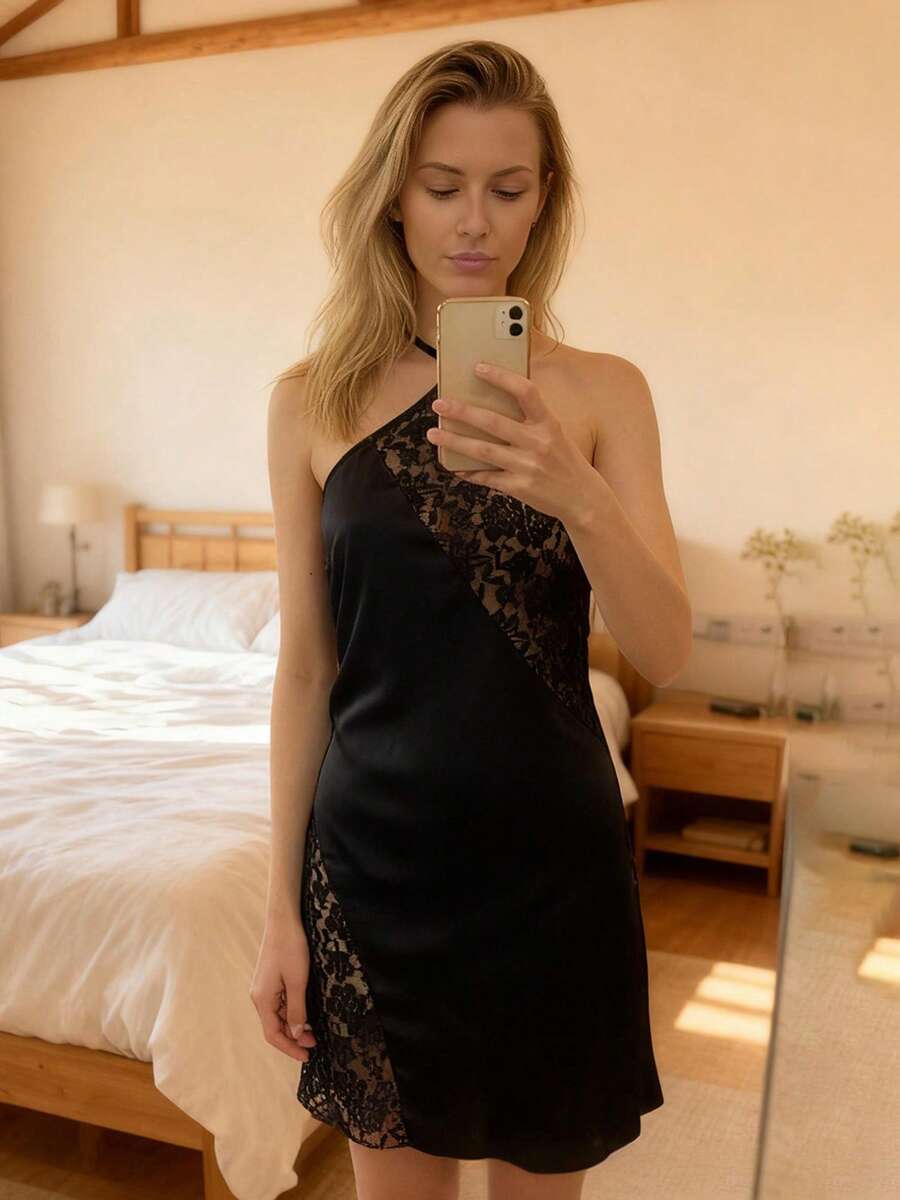 Women's Summer Slim Tank Dress Sleeveless Halter Neck Lace Patchwork Beach Dress - 黑色 - 查看 1