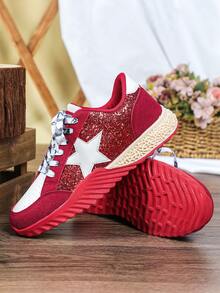 节日红色休闲运动鞋，新年闪亮设计，欧美风户外滑板鞋，性感热情的红色鞋底，系带，圆头，低帮，耐磨，多功能，情人节礼物，休闲外出，派对，女士运动鞋 - 紅白色 - 查看 6