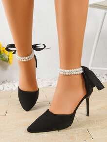 Black Pearly Strap Decor Hollow-Out Elegant Fashion Shoes, Suede Pointed Toe Thick Heel Pumps, Versatile Commuting Wear For Spring & Autumn - Black - View 3