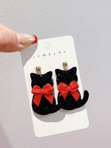 1 Pair Cute Acrylic Bling Bling Earrings, Lovely Pink Bow & 3D Sequin White Kitten Earrings, Elegant Earrings Gift For Women - Multicolor - View 5