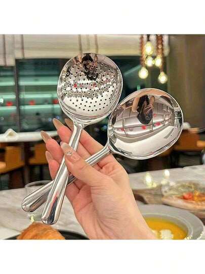 1pc Heavy Duty Commercial & Home Kitchen Ladle, Large Serving Spoon With Heat-Resistant Short Handle, Drainage Hole For Easy Cleaning, Ideal For Restaurants And Households. Made Of 410 Stainless Steel, Ergonomic Handle, Sturdy Structure, Suitable For Professional Chefs. Stainless Steel Spoon, Catering Supplies, Restaurant Equipment.