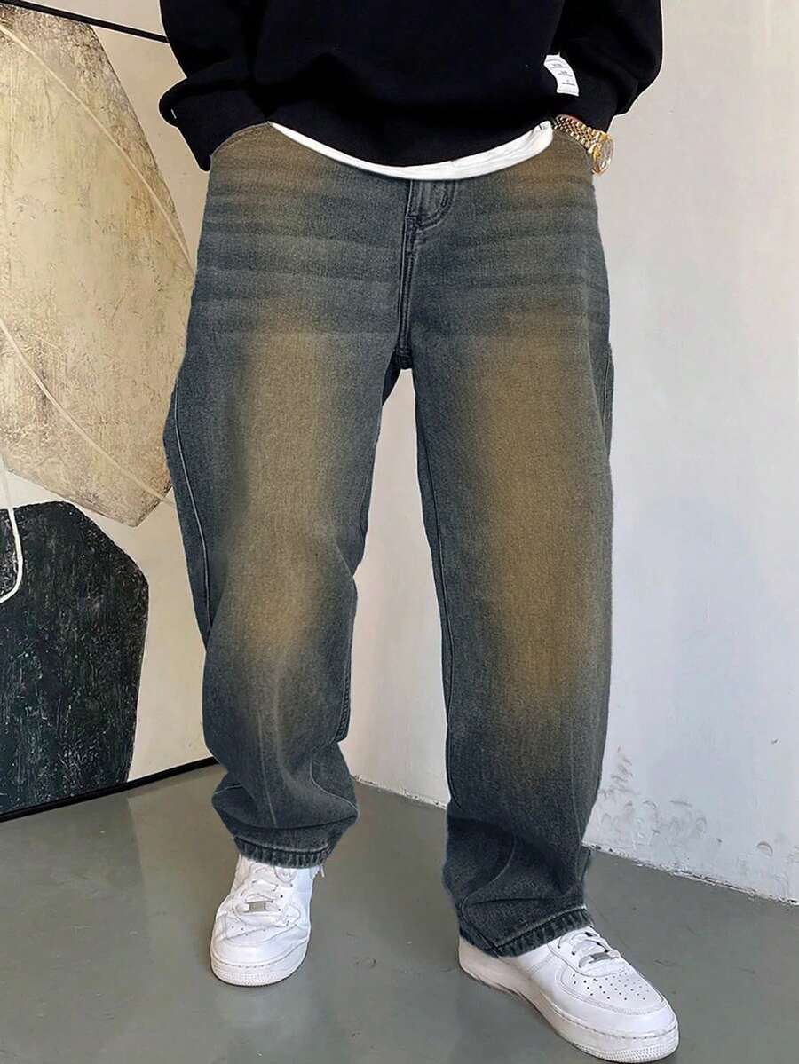 1件 Hearty Haven 男士加大码复古宽松喇叭阔腿水洗休闲舒适牛仔裤（不含腰带和配饰） - 霧霾藍 - 查看 1