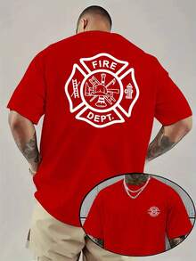 [Sporty T-Shirt]Men's Casual Fire Department Pattern T-Shirt- Bold Firefighter Print On Front And Back, Breathable Summer Short Sleeve Top, Regular Fit Round Neck, Machine Washable, Ideal Gift For Daily Comfort, Soft Texture, Printed Shirt, Adult Clothing, PLUS SIZERelaxed Plus Size T-Shirt - Đỏ - Xem 6