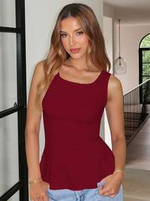 1pc Solid Color Knit Fabric Ruffle Trim Casual Top, Summer - Burgundy - View 2