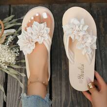 Summer New Thick Sole Slippers, Lightweight & Comfortable Flip Flops, Solid Color Oversized 36-45, Floral Beach Sandals - Beige - View 14