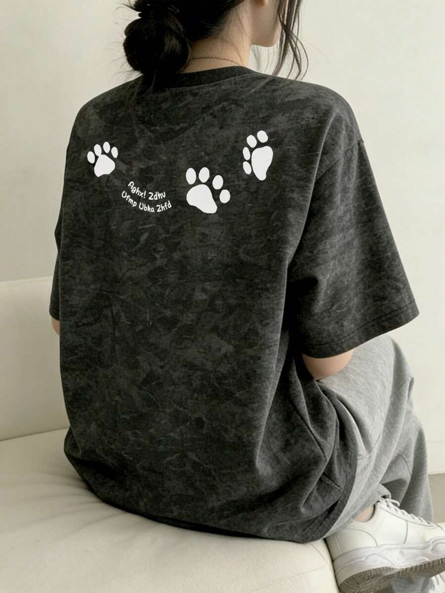 Japanese Style Women's Loose Round Neck Fashionable Versatile Letter & Cartoon Dog Print Tie-Dye Short Sleeve T-Shirt, Spring/Summer - Black - View 1