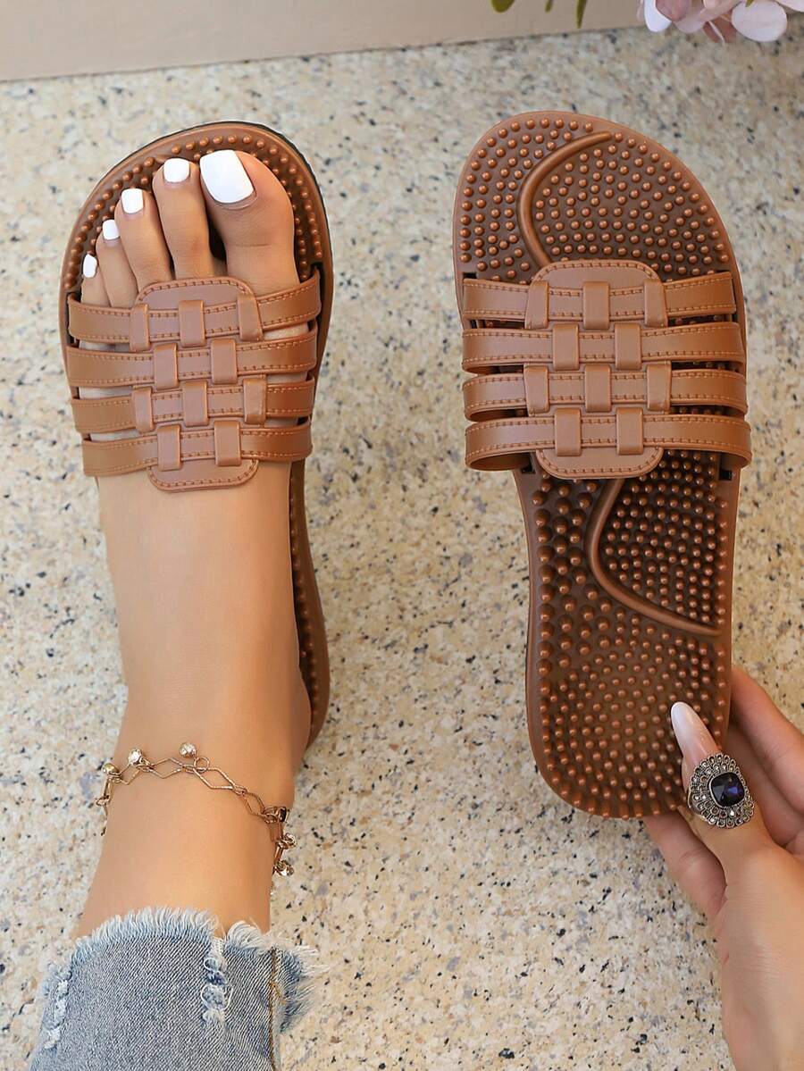 女士夏季编织单趾套脚凉鞋，休闲平底露趾沙滩拖鞋 - 棕色 - 查看 1