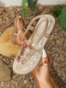 Women's Rhinestone Embellished Flat Thong Sandals, Summer 2025 - Gold - View 6