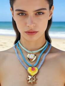 ZA 女士彩色多层项链 - 编织绳珐琅吊坠 | 柠檬心形雏菊旭日图案 | 情人节礼物 海滩度假配饰