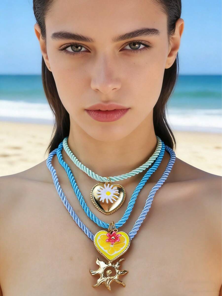 ZA 女士彩色多层项链 - 编织绳珐琅吊坠 | 柠檬心形雏菊旭日图案 | 情人节礼物 海滩度假配饰