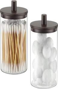 TIPGO Glass Qtip Holder Dispenser - 10 Oz Clear Canister Apothecary Jar, Bathroom Vanity Storage Organizer Set For Cotton Swabs, Pads, Floss Picks, Small Containers For Makeup Storage (2 Pack, Black) - ColorB - View 1