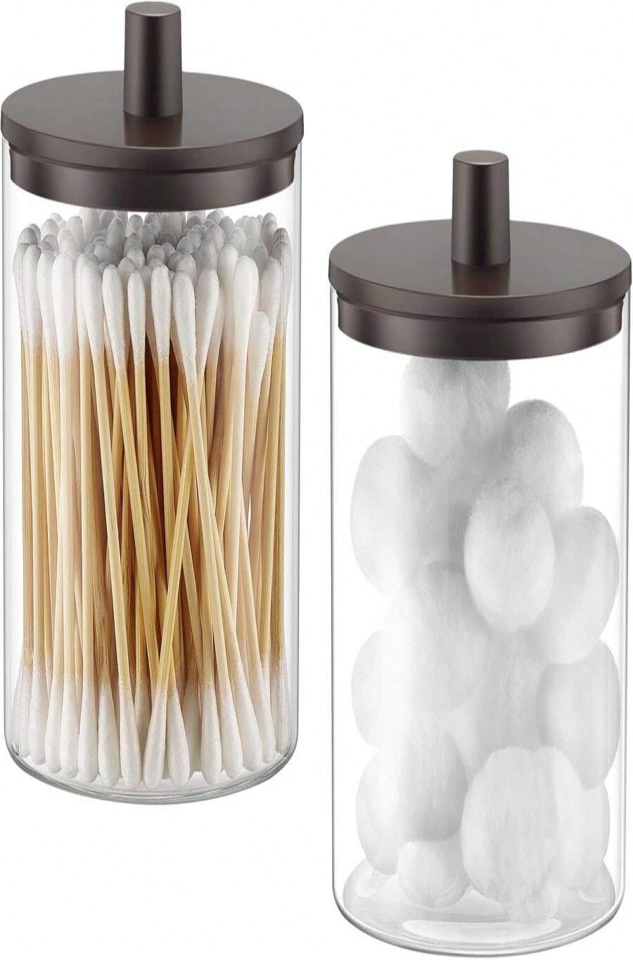 TIPGO Glass Qtip Holder Dispenser - 10 Oz Clear Canister Apothecary Jar, Bathroom Vanity Storage Organizer Set For Cotton Swabs, Pads, Floss Picks, Small Containers For Makeup Storage (2 Pack, Black) - ColorB - View 1