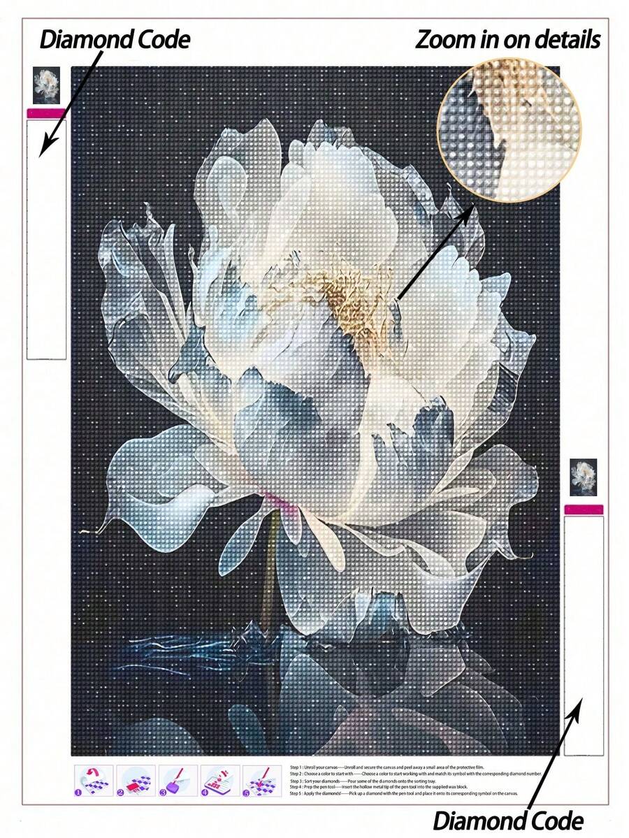 5D DIY钻石画 | 柔和蓝调白牡丹花，精致花瓣细节，DIY钻石画套装，深邃星空背景，微妙光影，帆布墙画。家居装饰钻石画，马赛克套装，打造专属墙面艺术，享受手工乐趣，馈赠亲友的最佳礼物 - 彩色 - 查看 1