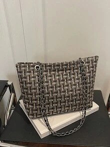 Bolsa Tote de Grande Capacidade para Mulheres, Nova Bolsa Versátil Casual, Bolsa de Ombro Xadrez de Moda Coreana para Transporte, Bolsa de Grande Capacidade Europeia e Americana no Exterior, Nova Bolsa Ins 2026, Bolsa Tote Texturizada Xadrez para Transporte - Preto - Visão 11