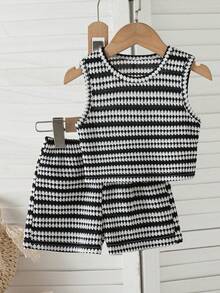Baby Girls' Summer New Arrival Simple Black & White Striped Casual Fashion Vest & Shorts Set - Black and White - View 1