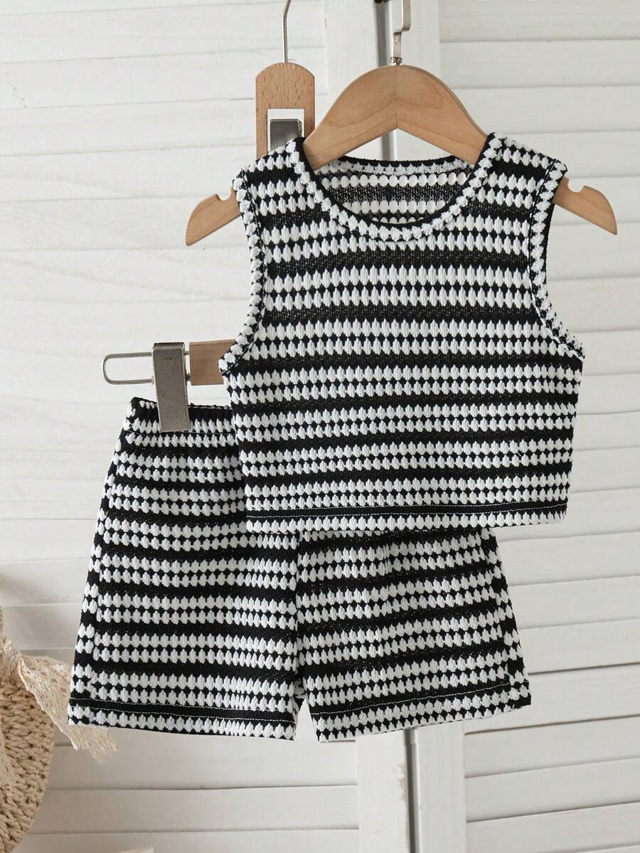 Baby Girls' Summer New Arrival Simple Black & White Striped Casual Fashion Vest & Shorts Set - Black and White - View 1
