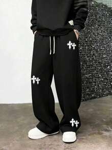 Skyrend 1pc Men's Cross Print Loose Casual Sports Pants, Drawstring Elastic Waistband, Street Style Loose Fit With Pockets Grunge - Black - View 10
