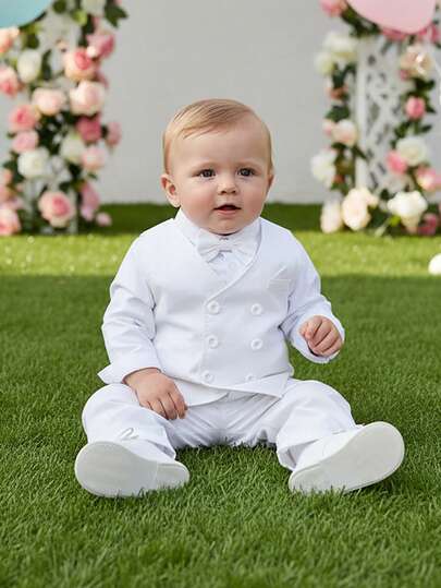 BOARNSEORL 3pcs Baby Boys Gentleman Outfit Set - White Long Sleeve Shirt With Bow Tie, Vest And Pants, Fashionable & Minimalist, Suitable For Boys Formal Wear, Weddings, Parties, Birthdays, Graduations