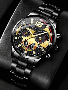 Reloj casual deportivo de hombre con banda de acero de aleación y calendario, adecuado para la vida diaria - Negro - Ver 2