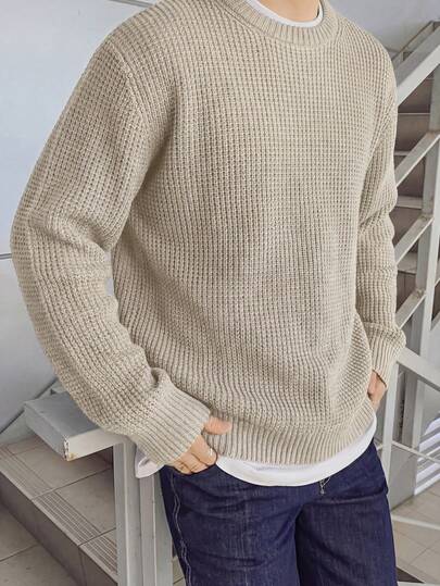 男士休闲百搭纯色提花圆领长袖毛衣，秋冬季