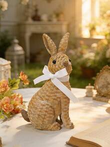 1pc Rabbit Figurine With White Ribbon - Farmhouse Style Easter Spring Home Decor, Cute Rabbit Tabletop Ornament, Suitable For Living Room, Bookshelf, Fireplace, Ideal Gift For Rabbit Lovers And Housewarming - Multicolor - View 4
