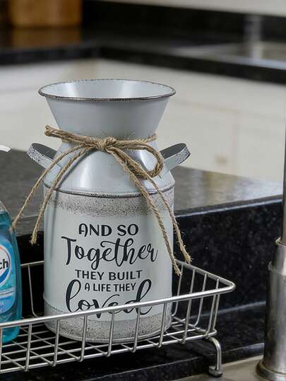 Vintage Distressed Dual-Handled Milk Can, Light Gray & White Metal Body With Mottled Texture, Accented With Jute Rope Tie, Printed "Together" Heartwarming Slogan, Dual Handle Design For Decor & Storage, Rustic American Country Style, Decorative And Functional