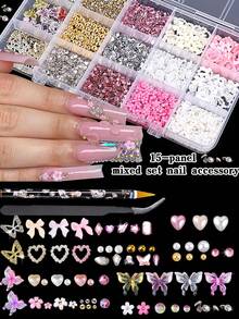 10000颗3D美甲装饰宝石，15种款式，包括厚蝴蝶装饰+3D亚克力花朵蝴蝶水晶美甲饰品套装、彩色花朵耳环配珍珠鱼子酱珠、金属合金金/银蝴蝶水钻，适合DIY美甲装饰 - 彩色 - 查看 2