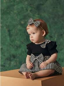 女婴时尚休闲可爱蝴蝶结千鸟格印花圆领短袖连体衣，配发带，夏季 - 黑色 - 查看 9