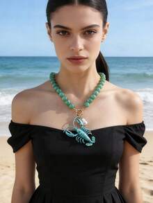 女士手工串珠项链 | 锌合金龙虾吊坠配珍珠 | 复古个性化首饰，适合海滩、节日、情人节佩戴 - 小龍蝦 - 查看 16