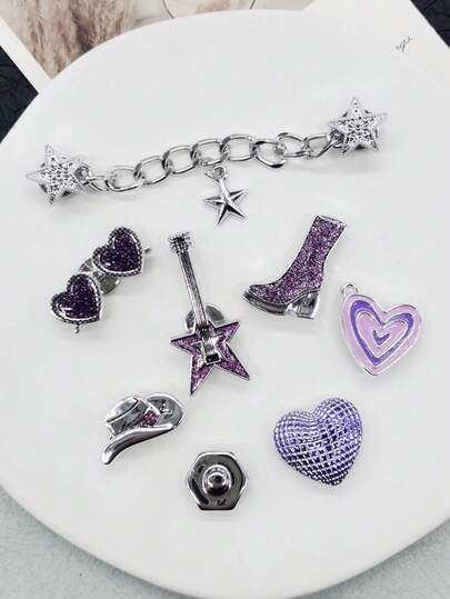 8PCS Purple Retro Rock Music Resin Shoe Charms DIY Star Chain Accessories Removable Punk Guitar Heart Shaped Clogs Shoes Buckles Decorations Personalized Glasses Hat Shoe Clips Ornaments Women Lady Sandals Slides Slippers Beach Bags Decor Xmas Halloween Valentine Birthday Festival Party Gifts