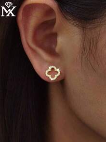 SYMFNY 1 Pair 925 Sterling Silver Hollow Four-Leaf Clover Earrings, Minimalist & Elegant, Inlaid With Zirconia, Suitable For Women's Daily, Party, Anniversary Wear