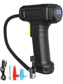 150 PSI 便攜式充氣機，附數位胎壓計、自動充氣泵與 LED 燈；12V 車用充氣機，適用於摩托車、自行車與球類；有線款（無電池）僅限汽車使用 7.4V 2000mAh - 黑色 - 查看 5