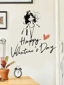 1张情人节爱心线条女孩墙贴，可移除卧室客厅墙面装饰