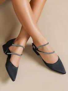 女士新款水钻交叉尖头无后跟平底鞋，适合伴娘、日常通勤和宴会场合 - 黑色 - 查看 2