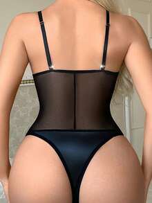 Sexy Lingerie Crotch Detachable Lace Mesh Sheer Rhinestone Jumpsuit - Black - View 5