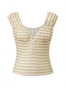 Women's Summer Tank Tops Sleeveless V-Neck Stripe Print Slim Fit Vest Casual Summer Shirts - Amarillo - Ver 6