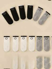 12 Pairs Kids Simple Solid Color Line & Smiling Face Pattern Ankle Socks, Suitable For All Seasons, Great For Outings And Gifts - Multicolor - View 5