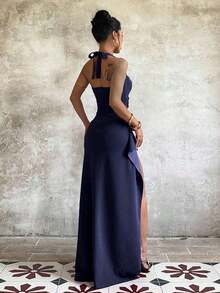 1pc Elegant Solid Color Asymmetric/Asymmetrical High Slit Backless Dress, Suitable For Parties, Weddings, All Seasons - 寶藍色 - 查看 4
