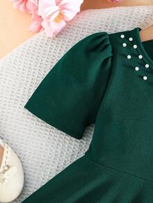 4-7 Years Old Girls Elegant Beaded Short Sleeve Dress - Green - View 4
