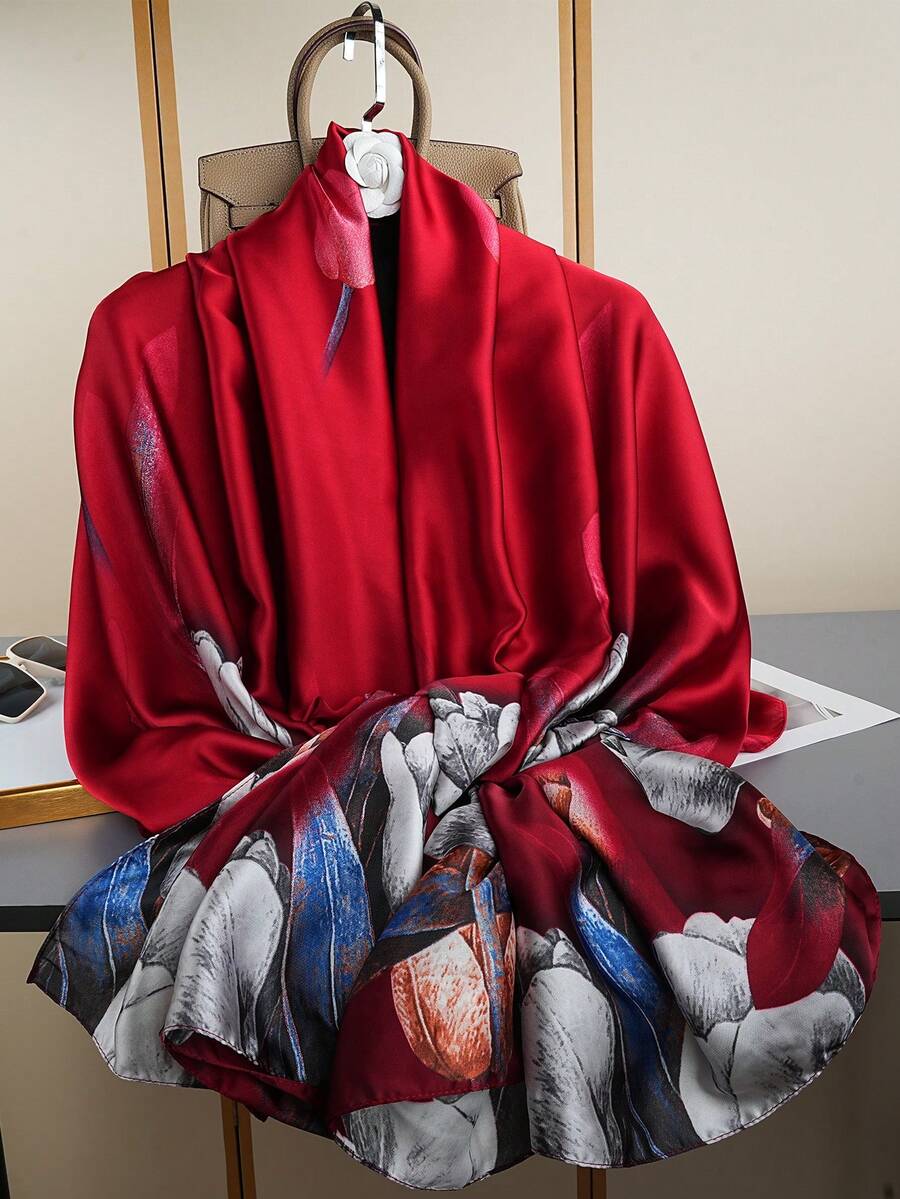 1条新款印花围巾，时尚头巾，奢华领巾，85*180厘米横截面围巾，女士真丝围巾，户外披肩，四季皆宜长围巾 - 彩色 - 查看 1